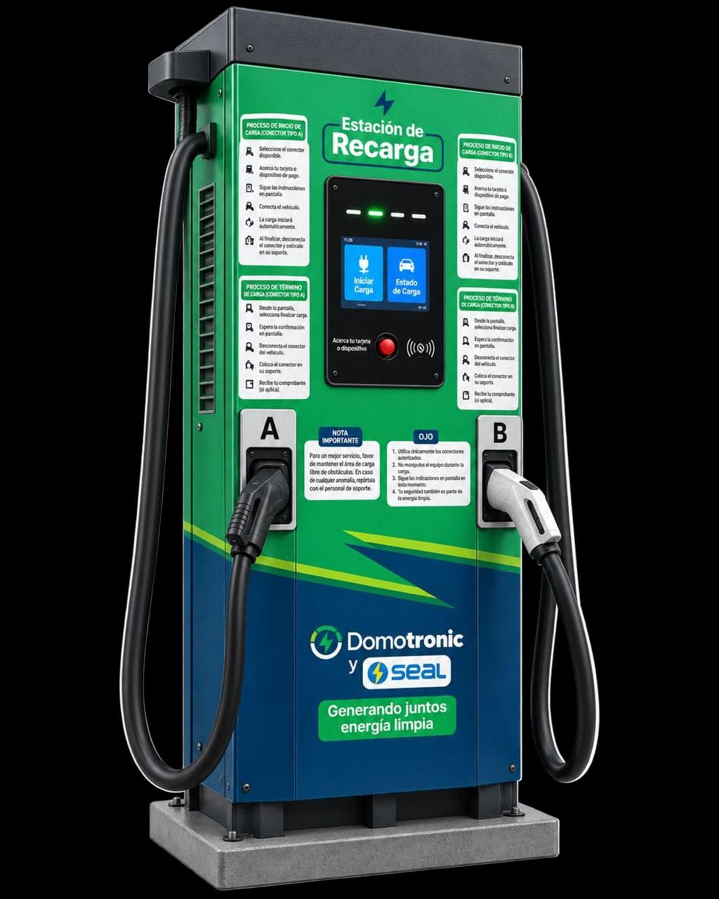 Cargador para vehículo eléctrico con pantalla, conector y cable